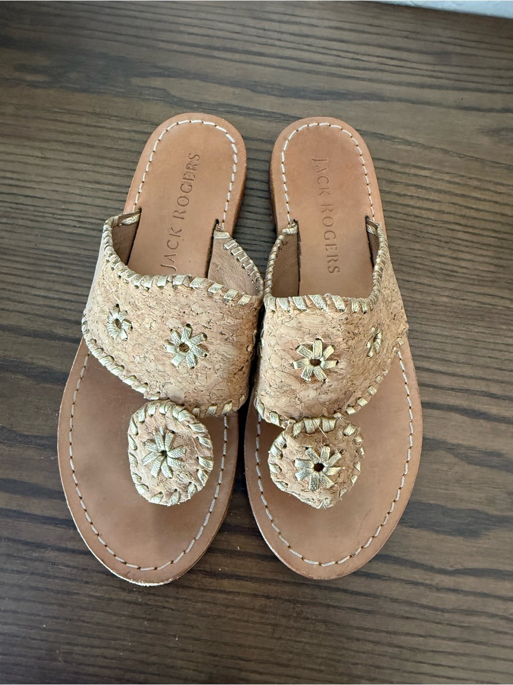 Jack Rogers Tan Woven Leather Thong Sandals with Gold Accents